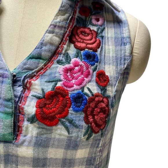 Embroidered Floral‎ Plaid Sleeveless Tunic Top With Pockets Mature Woman - Picture 2 of 12